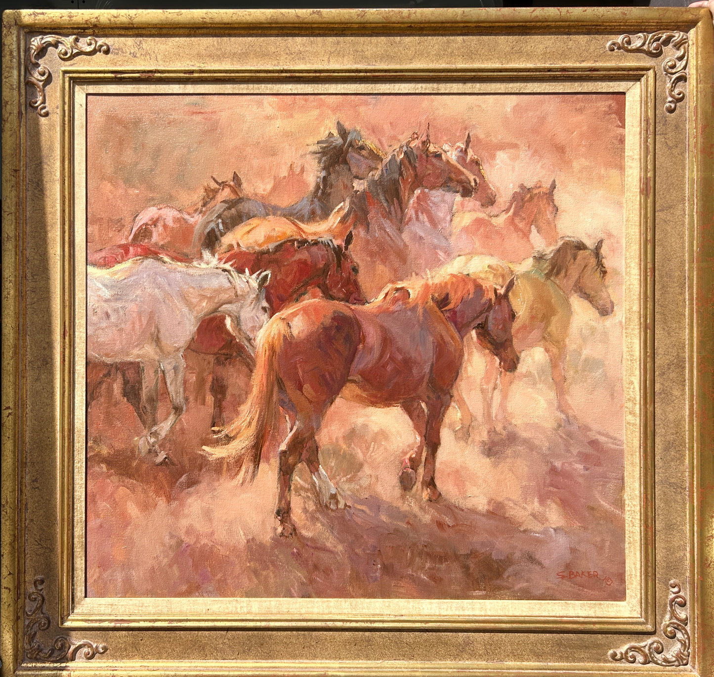 SUZANNE BAKER BORN 1939 CALIFORNIA PAINTING OF GROUP OF HORSES