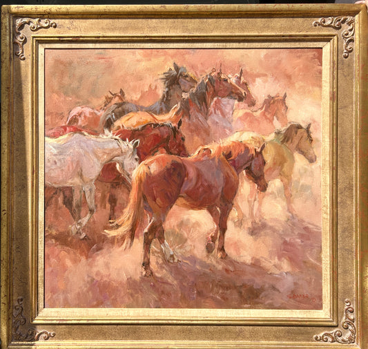SUZANNE BAKER BORN 1939 CALIFORNIA PAINTING OF GROUP OF HORSES