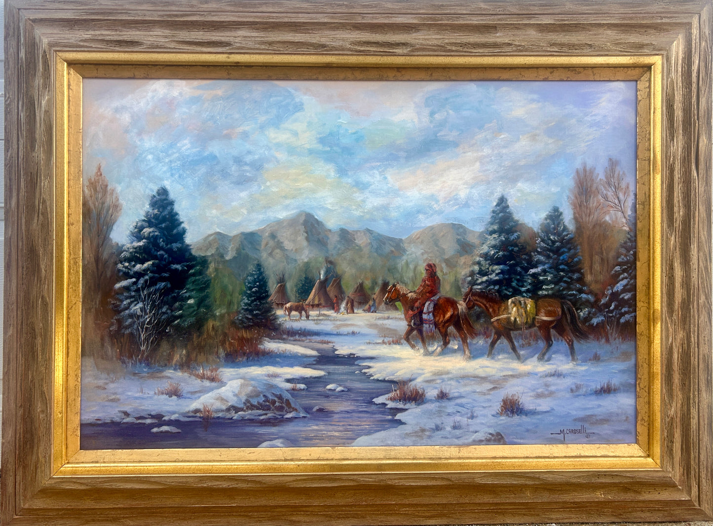 MARIANNE CAROSELLI PAINTING OF TRADER AND HORSES APPROACHING TEEPEES