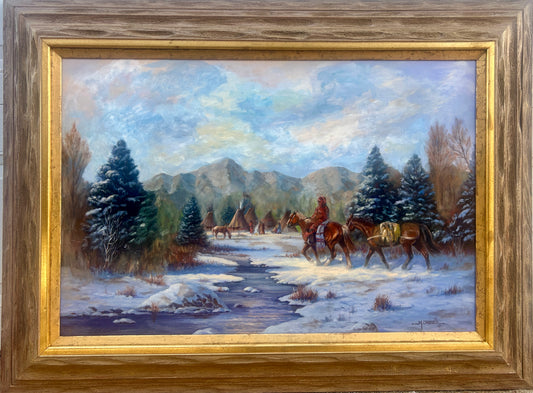 MARIANNE CAROSELLI PAINTING OF TRADER AND HORSES APPROACHING TEEPEES