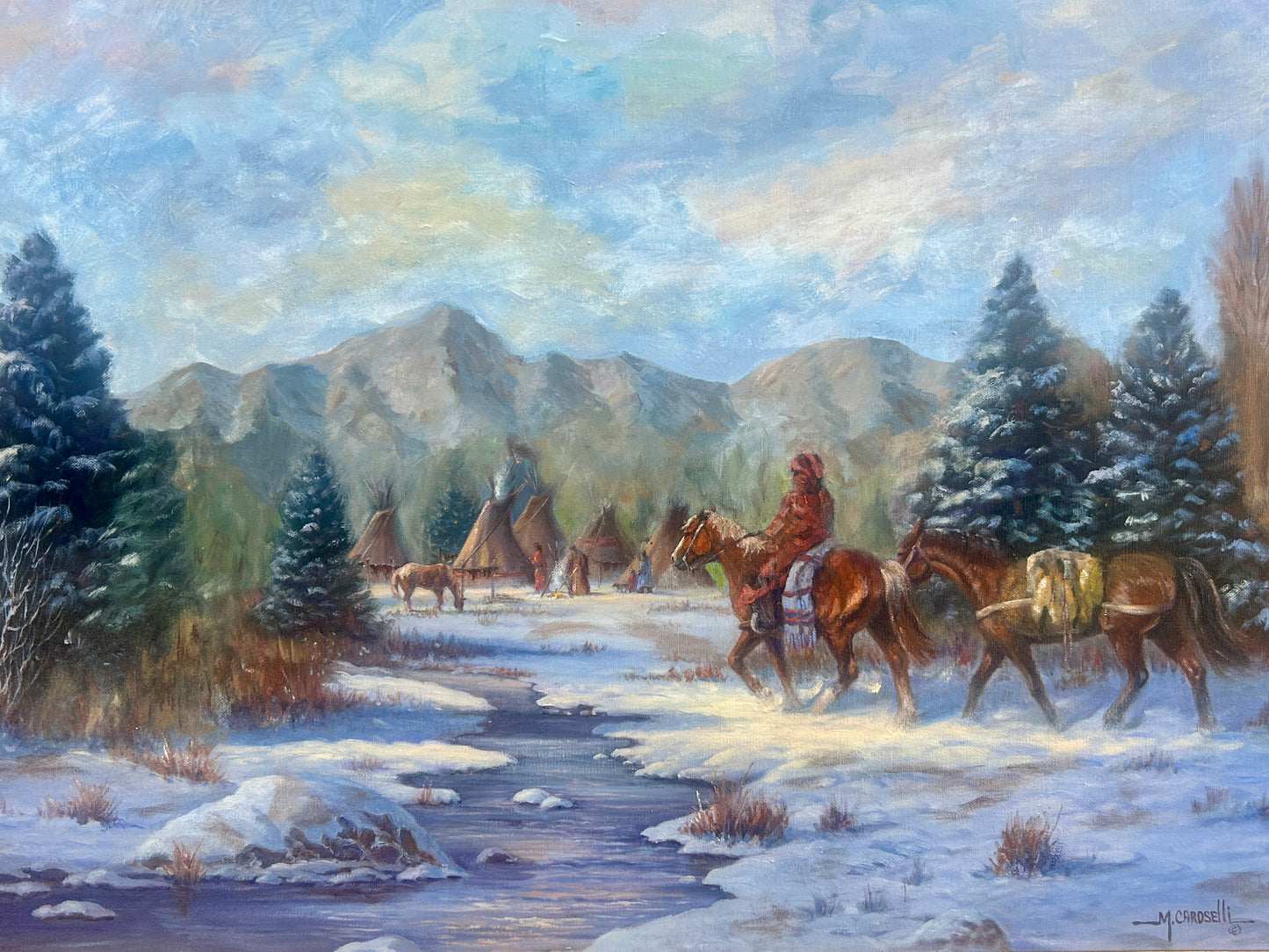 MARIANNE CAROSELLI PAINTING OF TRADER AND HORSES APPROACHING TEEPEES