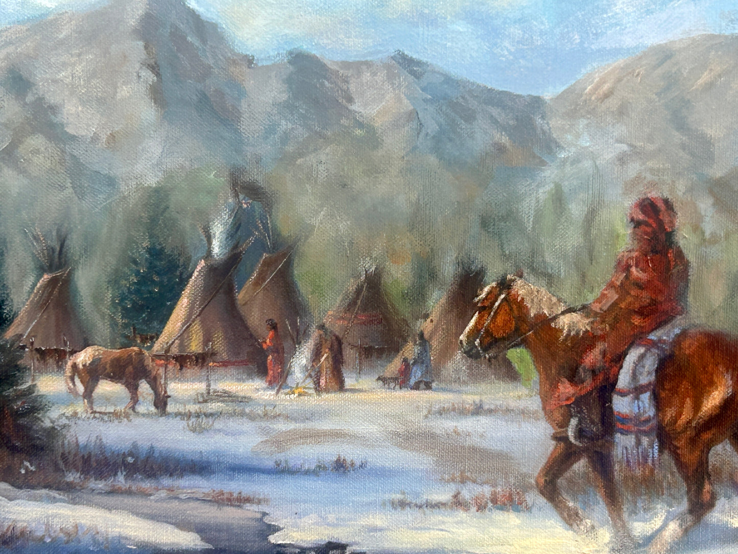 MARIANNE CAROSELLI PAINTING OF TRADER AND HORSES APPROACHING TEEPEES