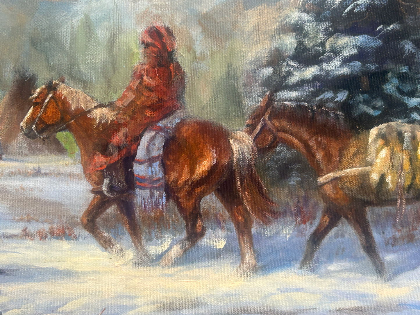 MARIANNE CAROSELLI PAINTING OF TRADER AND HORSES APPROACHING TEEPEES