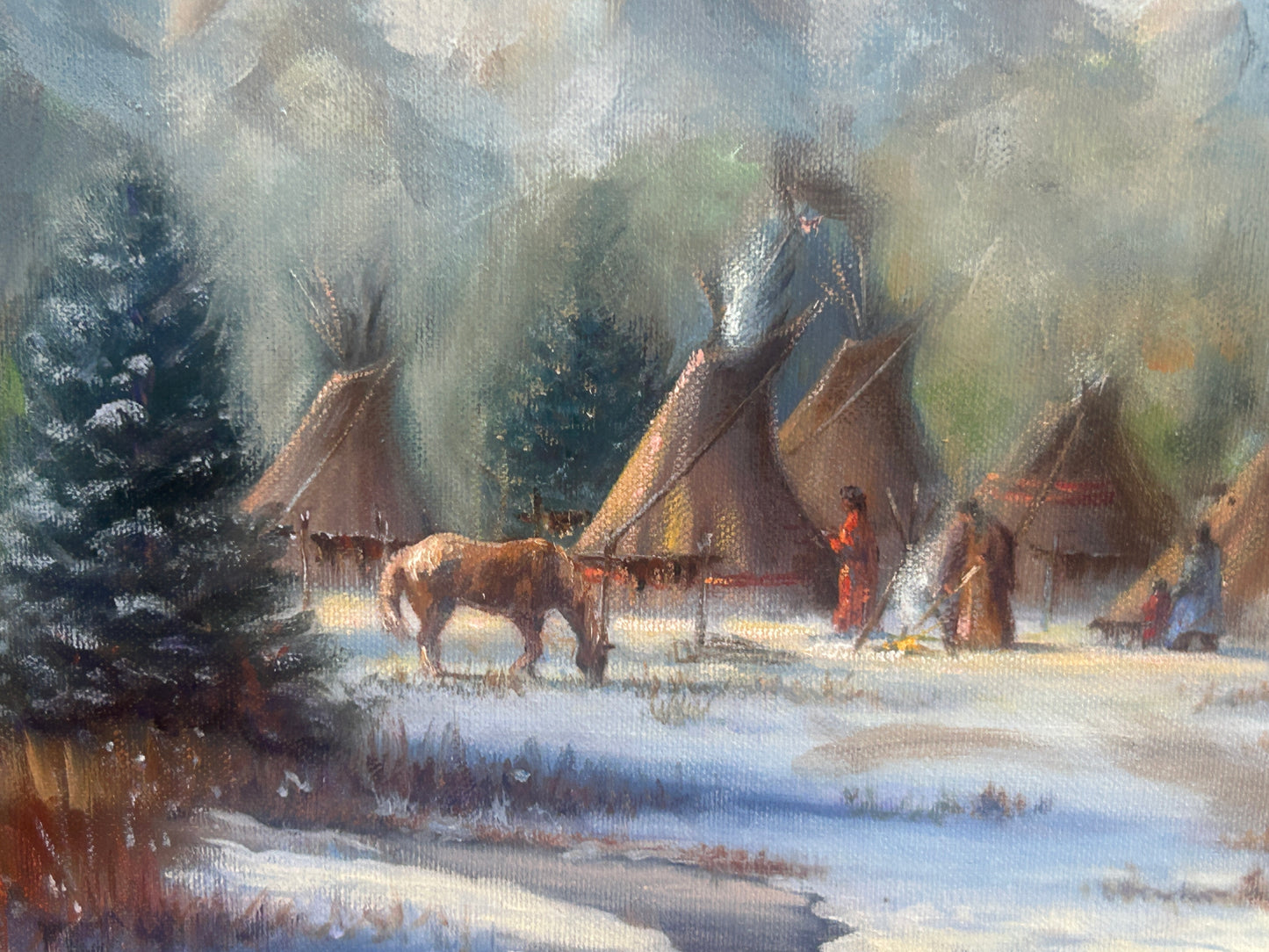 MARIANNE CAROSELLI PAINTING OF TRADER AND HORSES APPROACHING TEEPEES