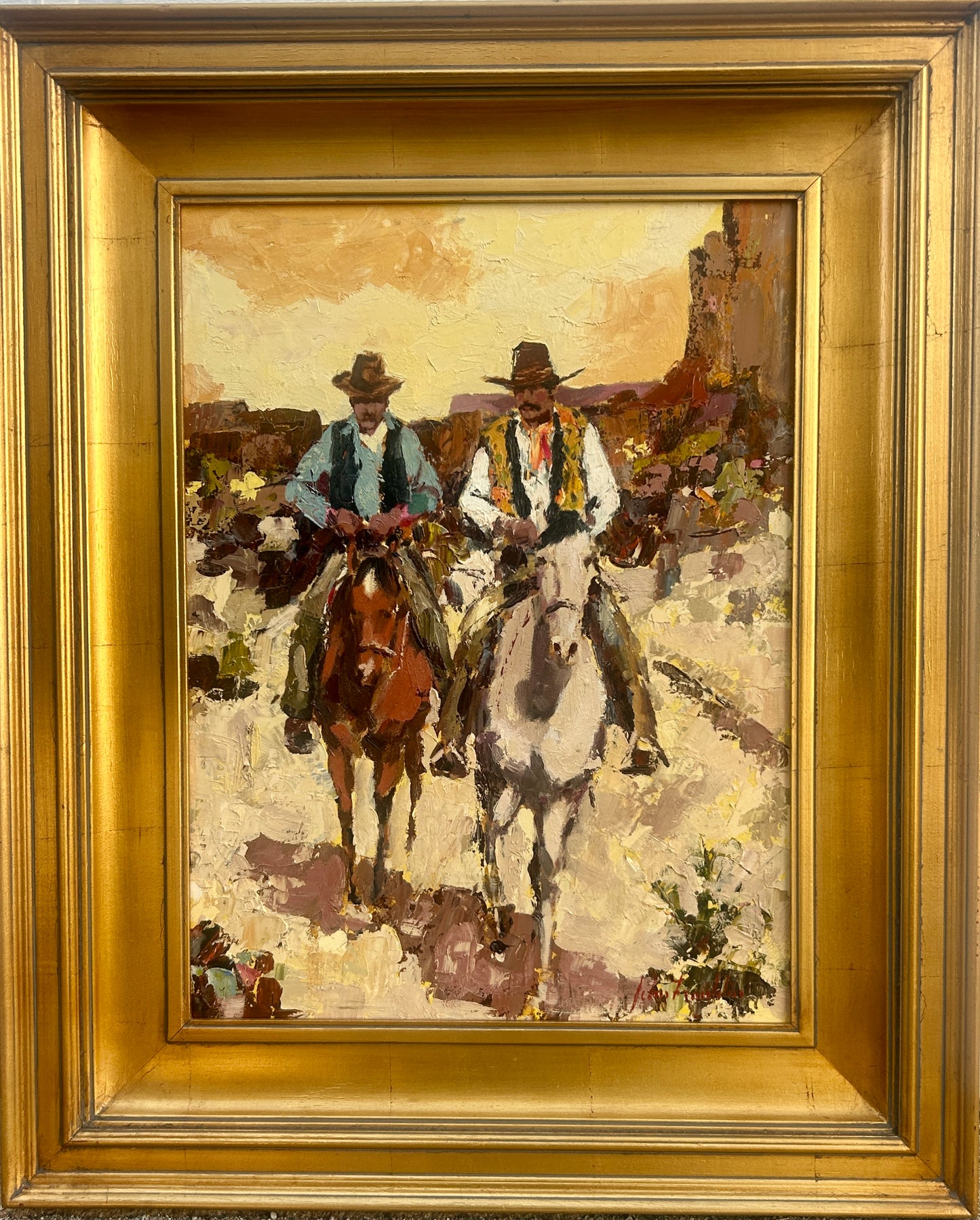 JOHN FRANKLIN 1925-2010 CALIF. PAINTING TWO COWBOYS ON HORSES