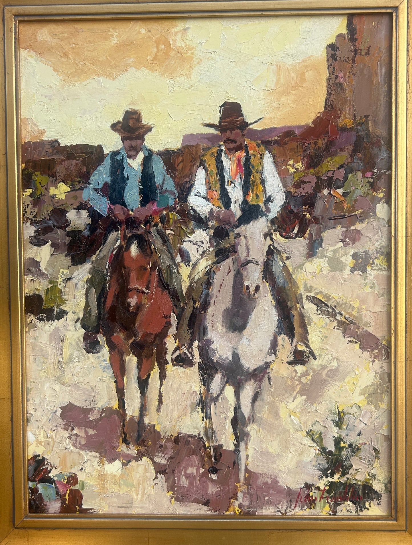 JOHN FRANKLIN 1925-2010 CALIF. PAINTING TWO COWBOYS ON HORSES