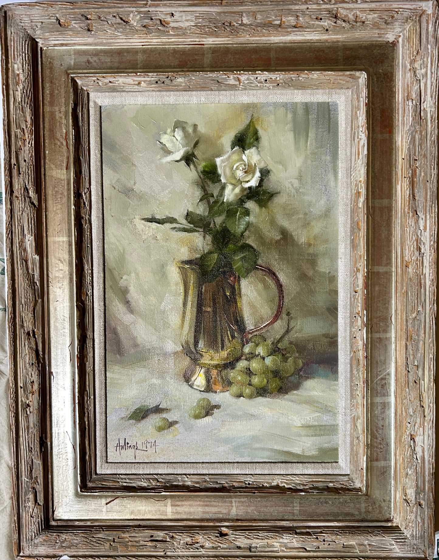 CLARK HULINGS 1922-2011 SANTA FE, NEW MEXICO PAINTING OF WHITE ROSES AND GRAPES