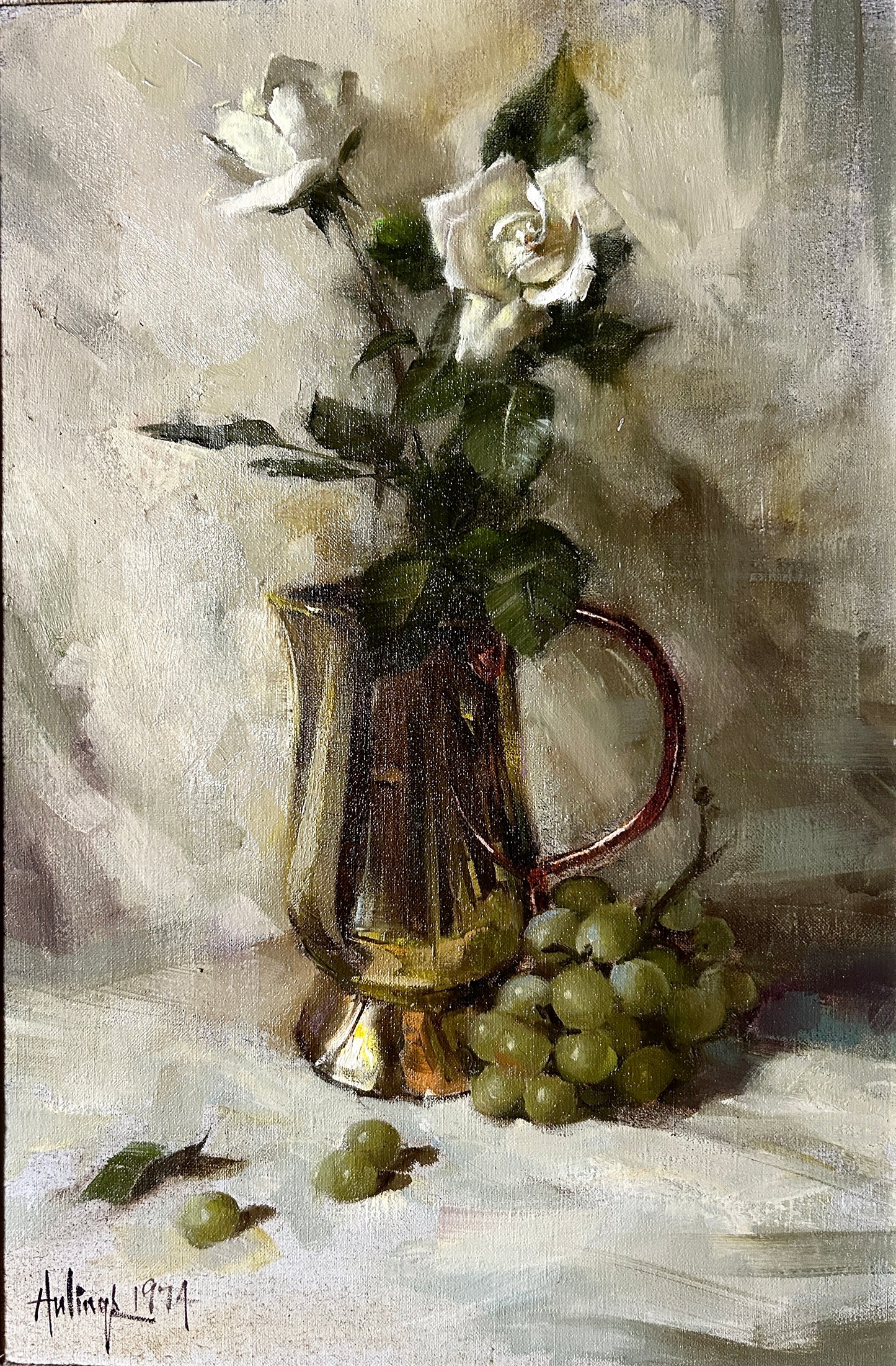 CLARK HULINGS 1922-2011 SANTA FE, NEW MEXICO PAINTING OF WHITE ROSES AND GRAPES