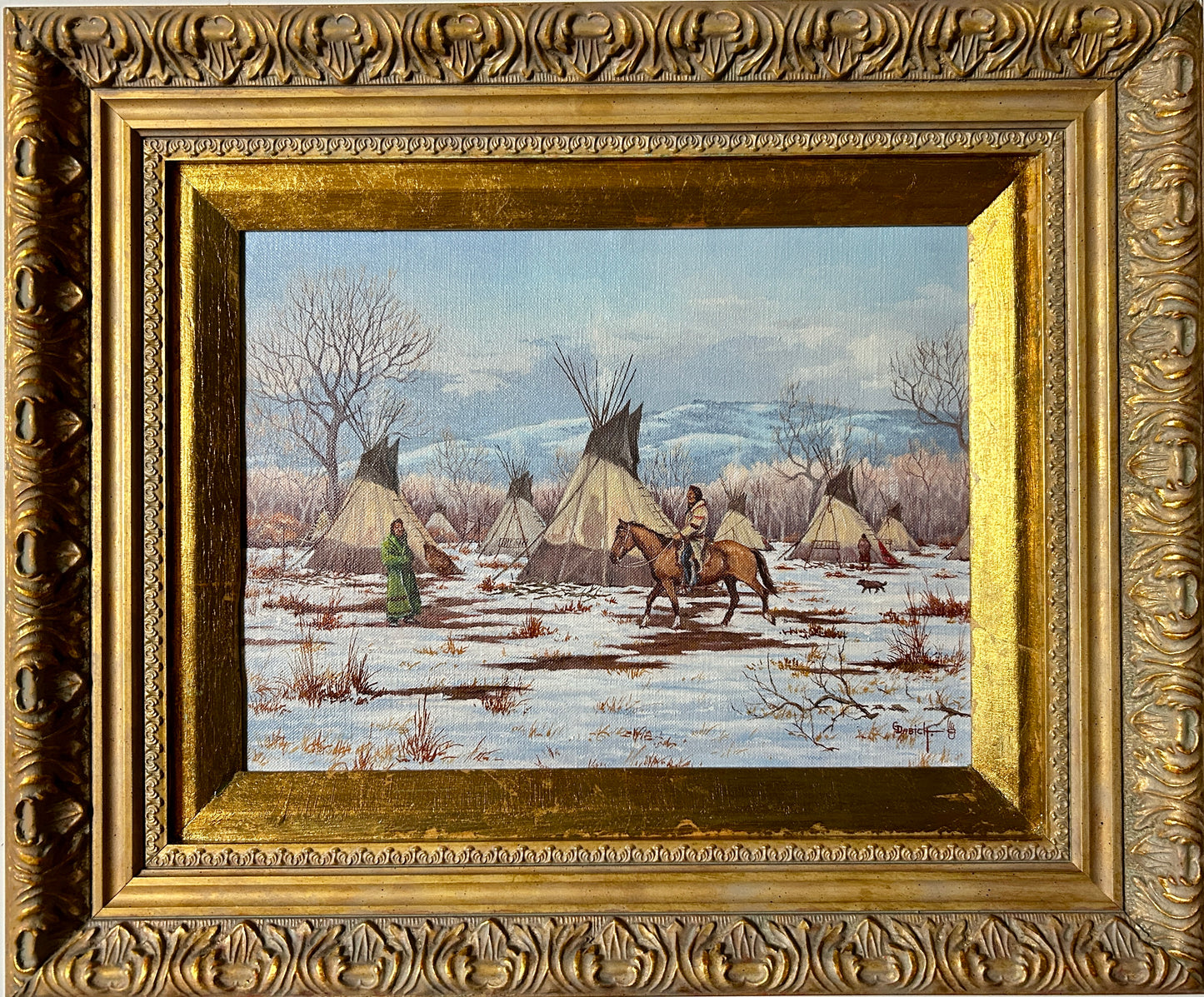 GEORGE DABICH 1922-2013 WYOMING AND CALIFORNIA NATIVE AMERICANS CAMP IN WINTER
