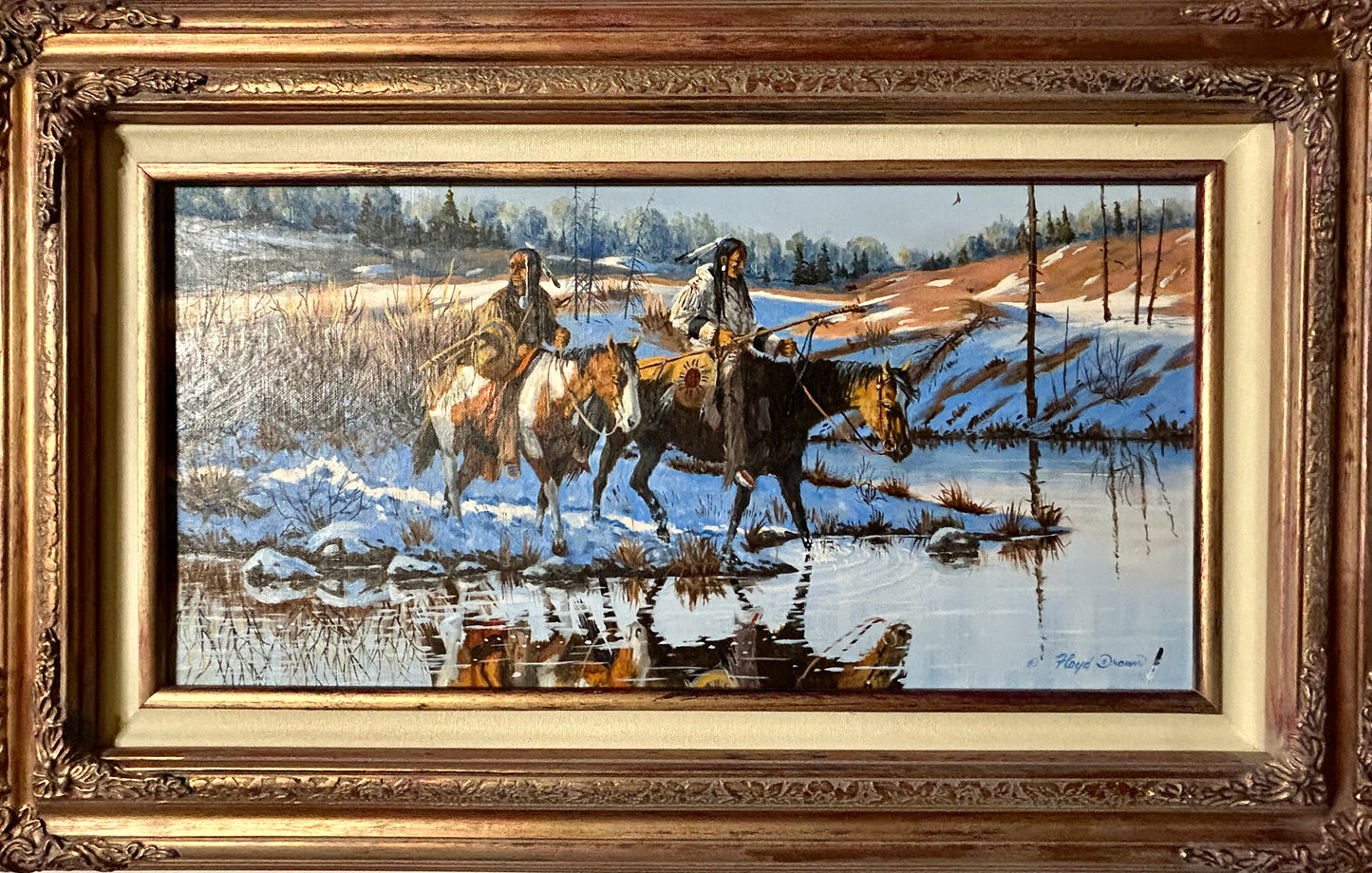 FLOYD DROWN TEXAS ARTIST WINTER SCENE OF NATIVE AMERICANS CROSSING WATER