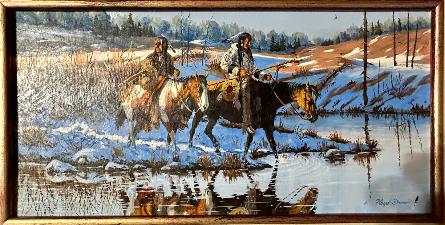 FLOYD DROWN TEXAS ARTIST WINTER SCENE OF NATIVE AMERICANS CROSSING WATER