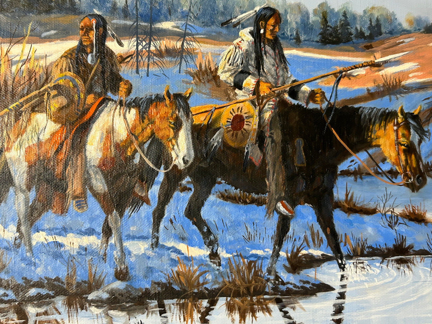 FLOYD DROWN TEXAS ARTIST WINTER SCENE OF NATIVE AMERICANS CROSSING WATER