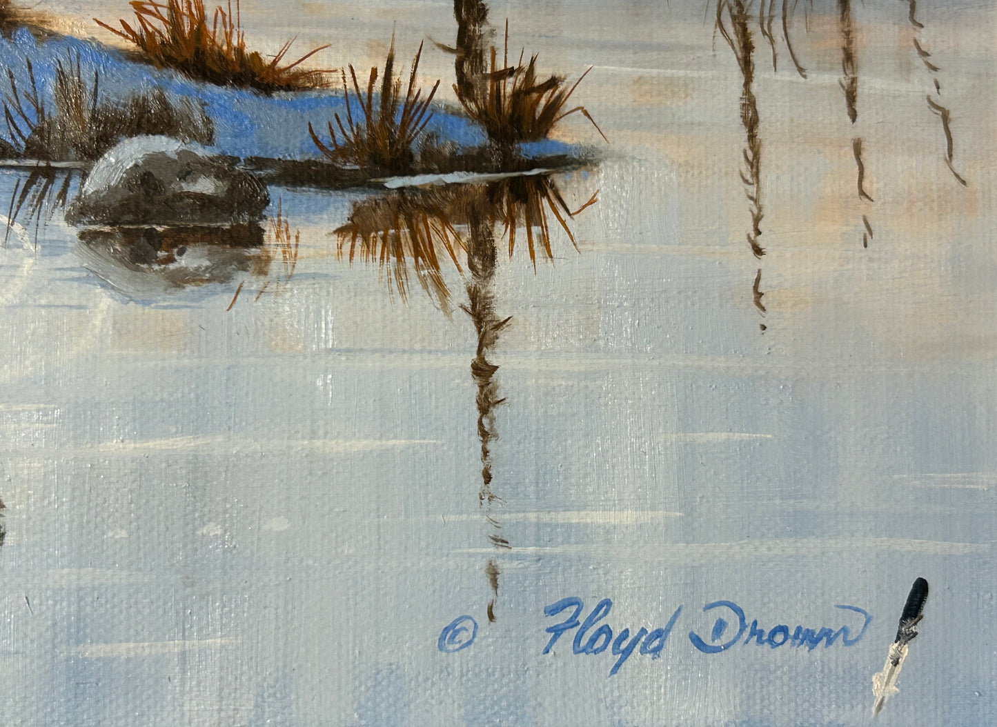 FLOYD DROWN TEXAS ARTIST WINTER SCENE OF NATIVE AMERICANS CROSSING WATER