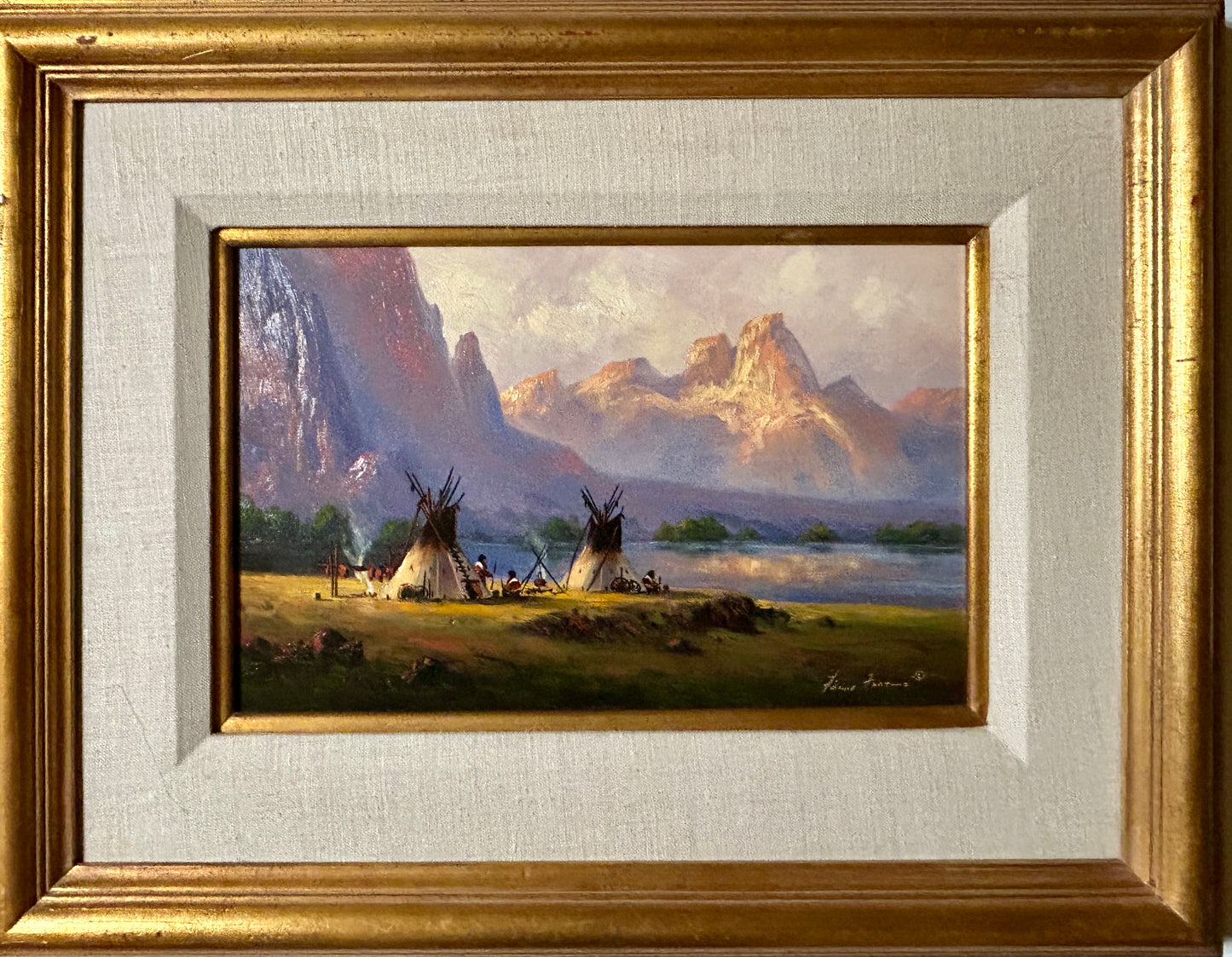 HEINIE HARTWIG PAINTER BORN IN 1937 PAINTING OF NATIVE AMERICAN ENCAMPMENT