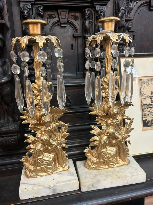 PAIR OF MANTEL CANDLE HOLDERS FROM 1860'S WITH FIGURAL BOY AND GIRL