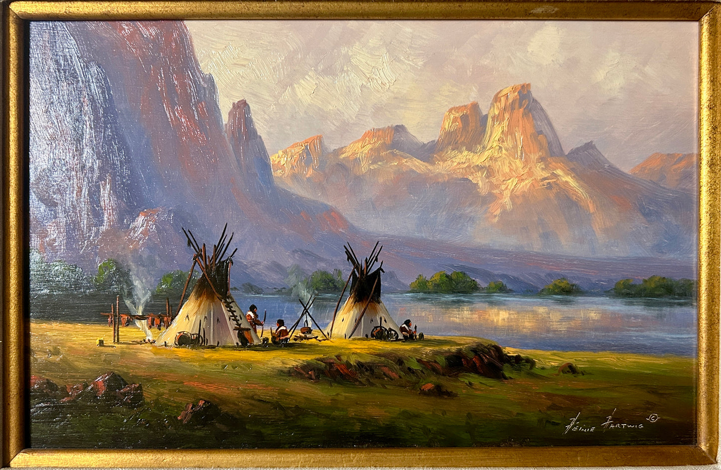 HEINIE HARTWIG PAINTER BORN IN 1937 PAINTING OF NATIVE AMERICAN ENCAMPMENT