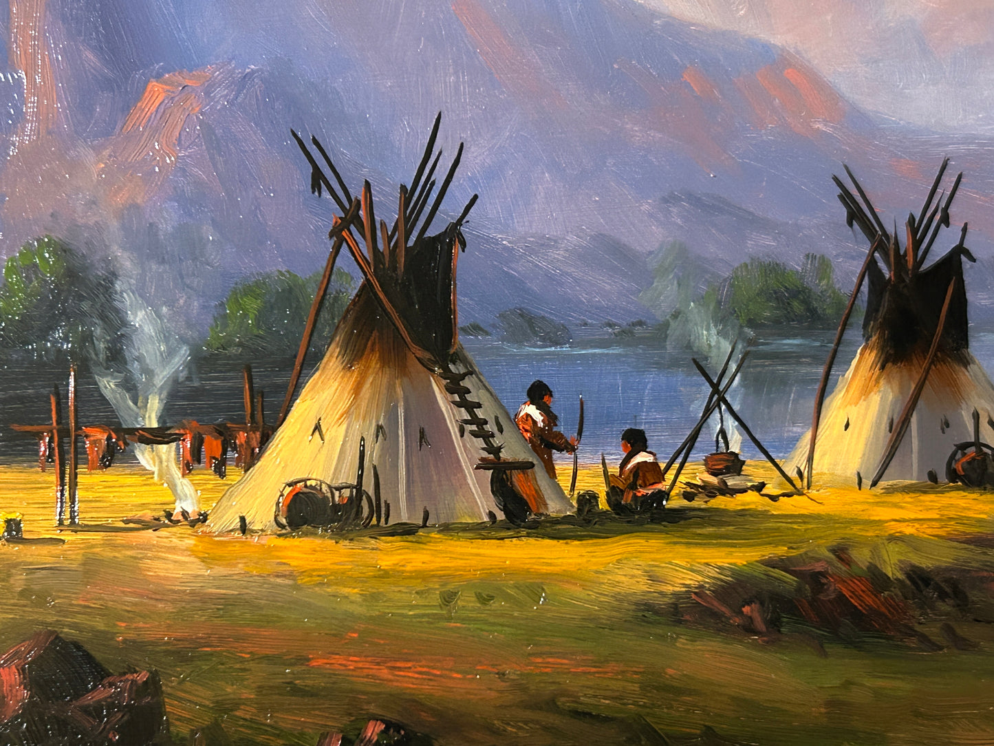 HEINIE HARTWIG PAINTER BORN IN 1937 PAINTING OF NATIVE AMERICAN ENCAMPMENT