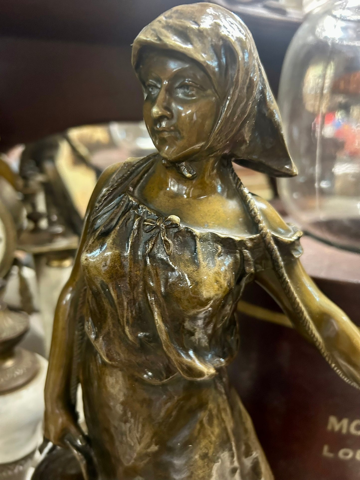ANATOLE JEAN GUILLET 1865-1911 FRANCE GIRL WITH PAIL BRONZE STATUE