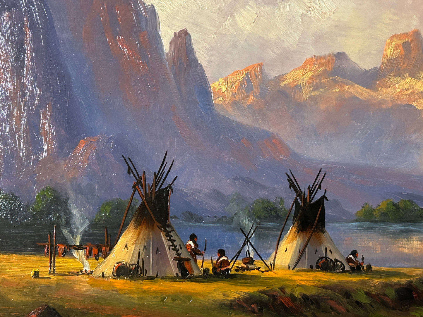 HEINIE HARTWIG PAINTER BORN IN 1937 PAINTING OF NATIVE AMERICAN ENCAMPMENT