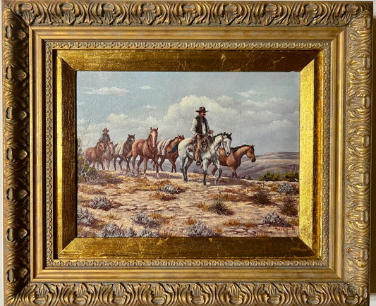 GEORGE DABICH 1922-2013 WYOMING AND CALIFORNIA COWBOYS LEADING HORSES PAINTING