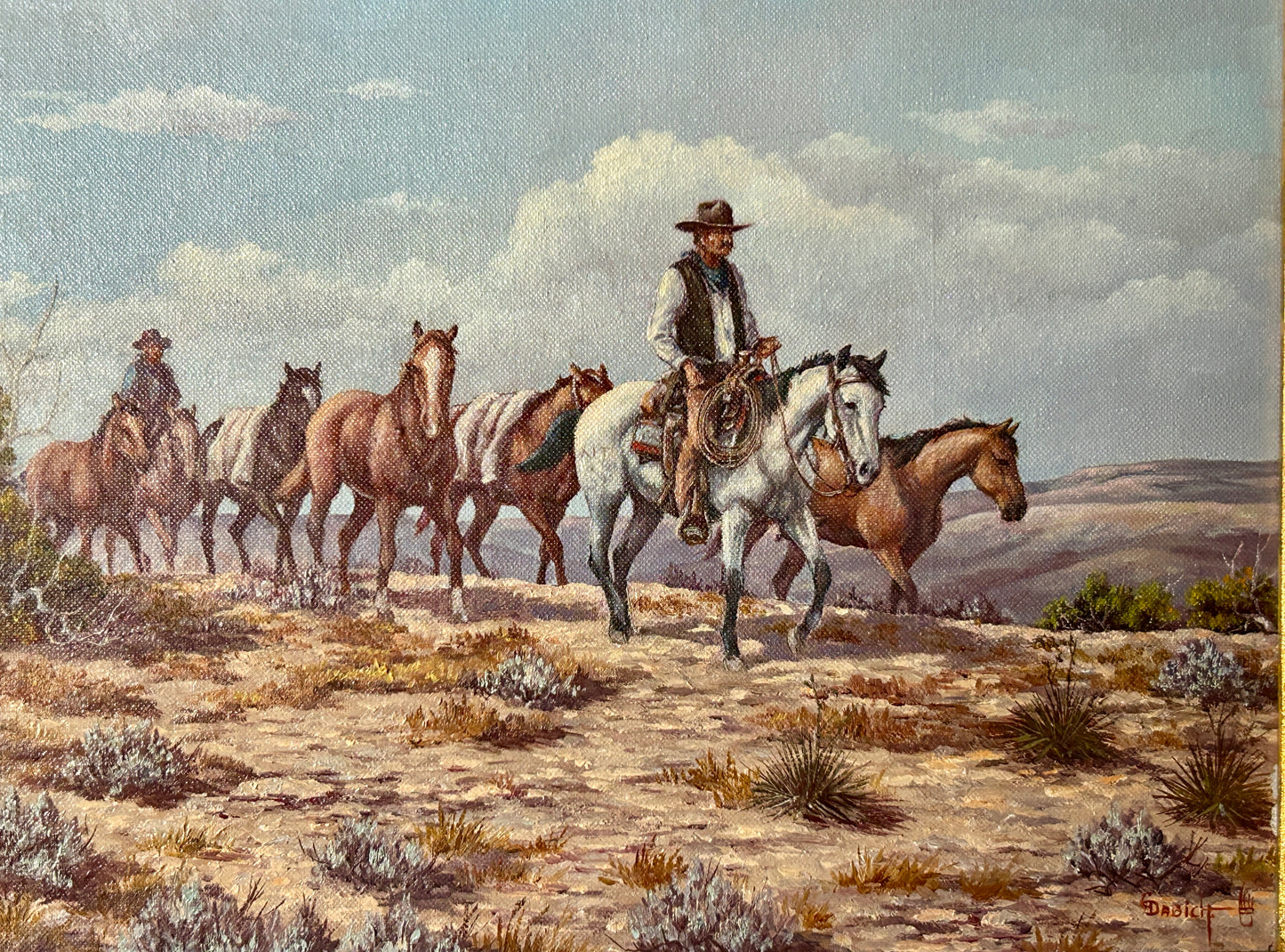 GEORGE DABICH 1922-2013 WYOMING AND CALIFORNIA COWBOYS LEADING HORSES PAINTING