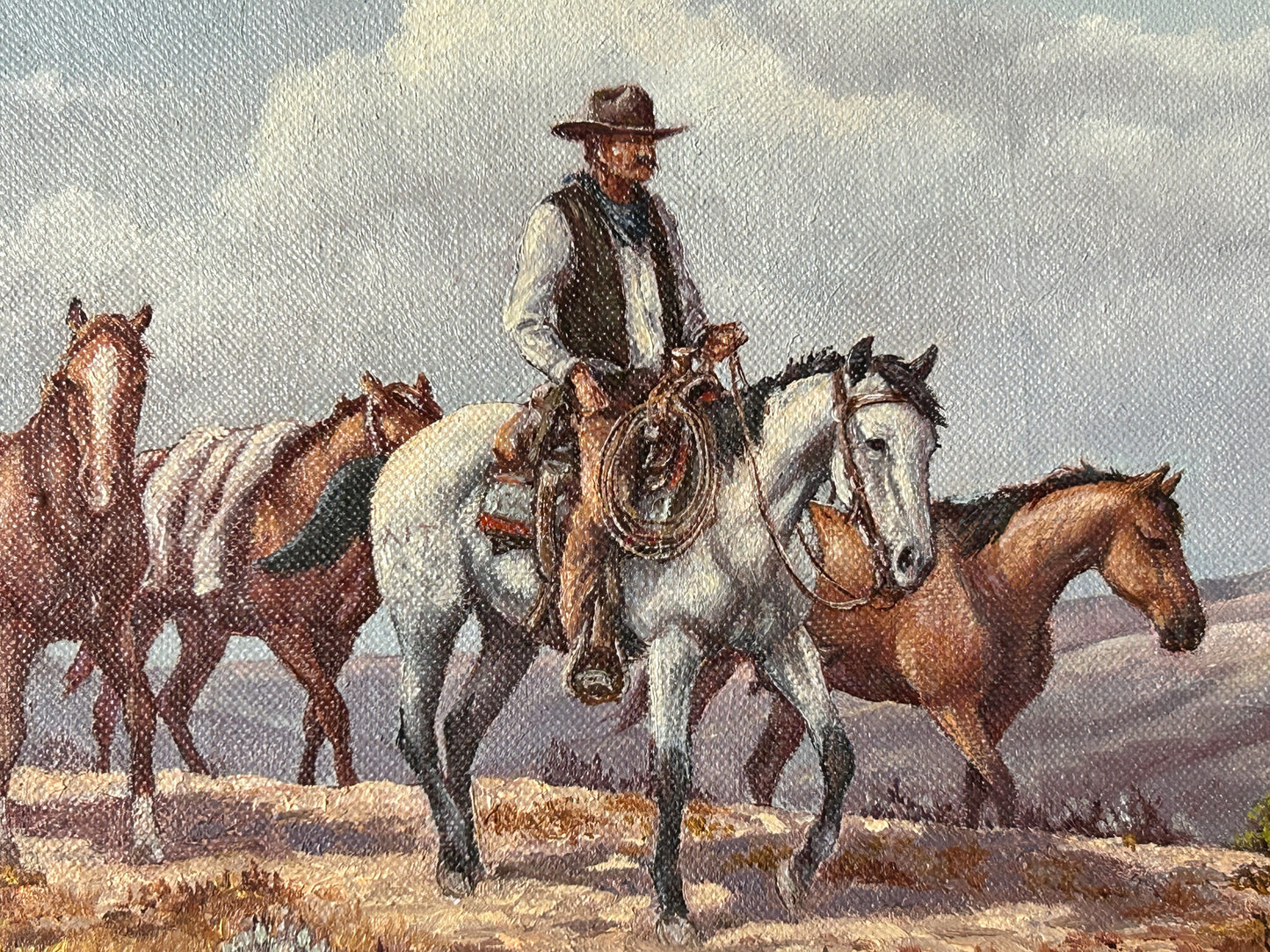 GEORGE DABICH 1922-2013 WYOMING AND CALIFORNIA COWBOYS LEADING HORSES PAINTING