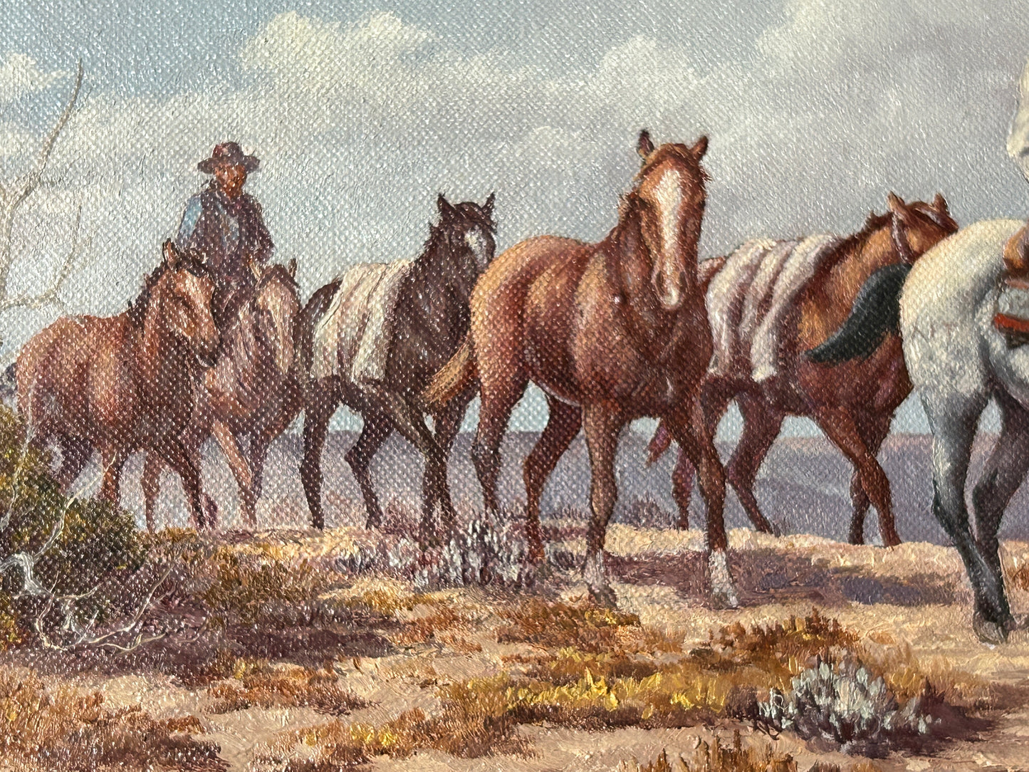 GEORGE DABICH 1922-2013 WYOMING AND CALIFORNIA COWBOYS LEADING HORSES PAINTING