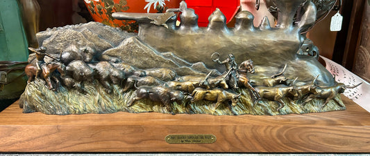 CHRIS NAVARRO BRONZE SCULPTURE OF TRAIN WITH BUFFALO AND COWS