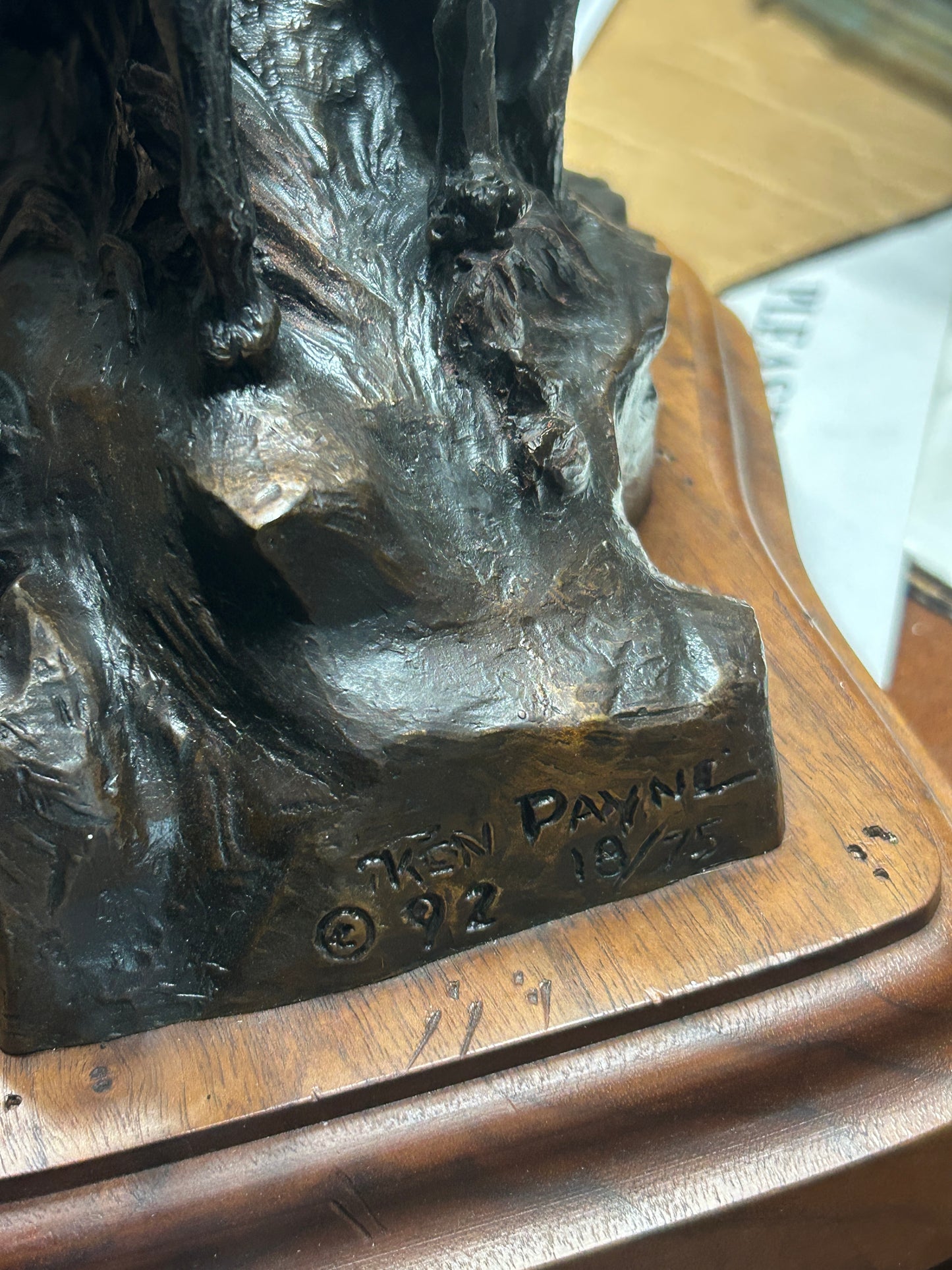 KEN PAYNE BRONZE SCULPTURE OF NATIVE AMERICAN ON HORSE AND THREE WOLVES