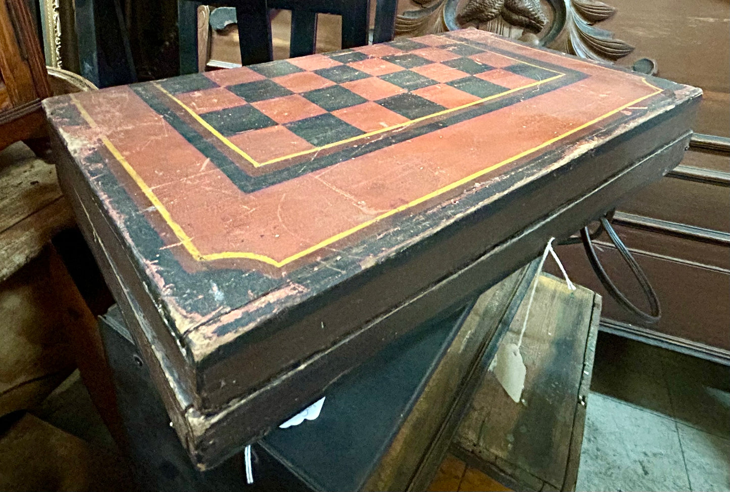 ANTIQUE CHECKERBOARD & BACKGAMMON BOARD BOX COMBO