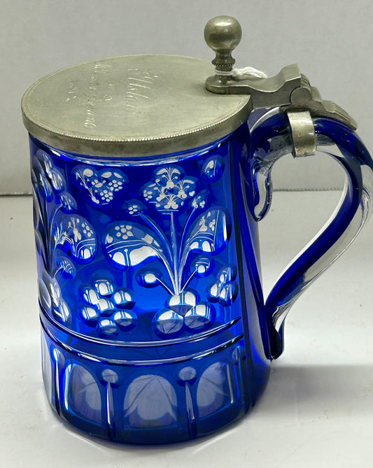 ANTIQUE STEIN BLUE GLASS CUT TO CLEAR LATE 1800'S
