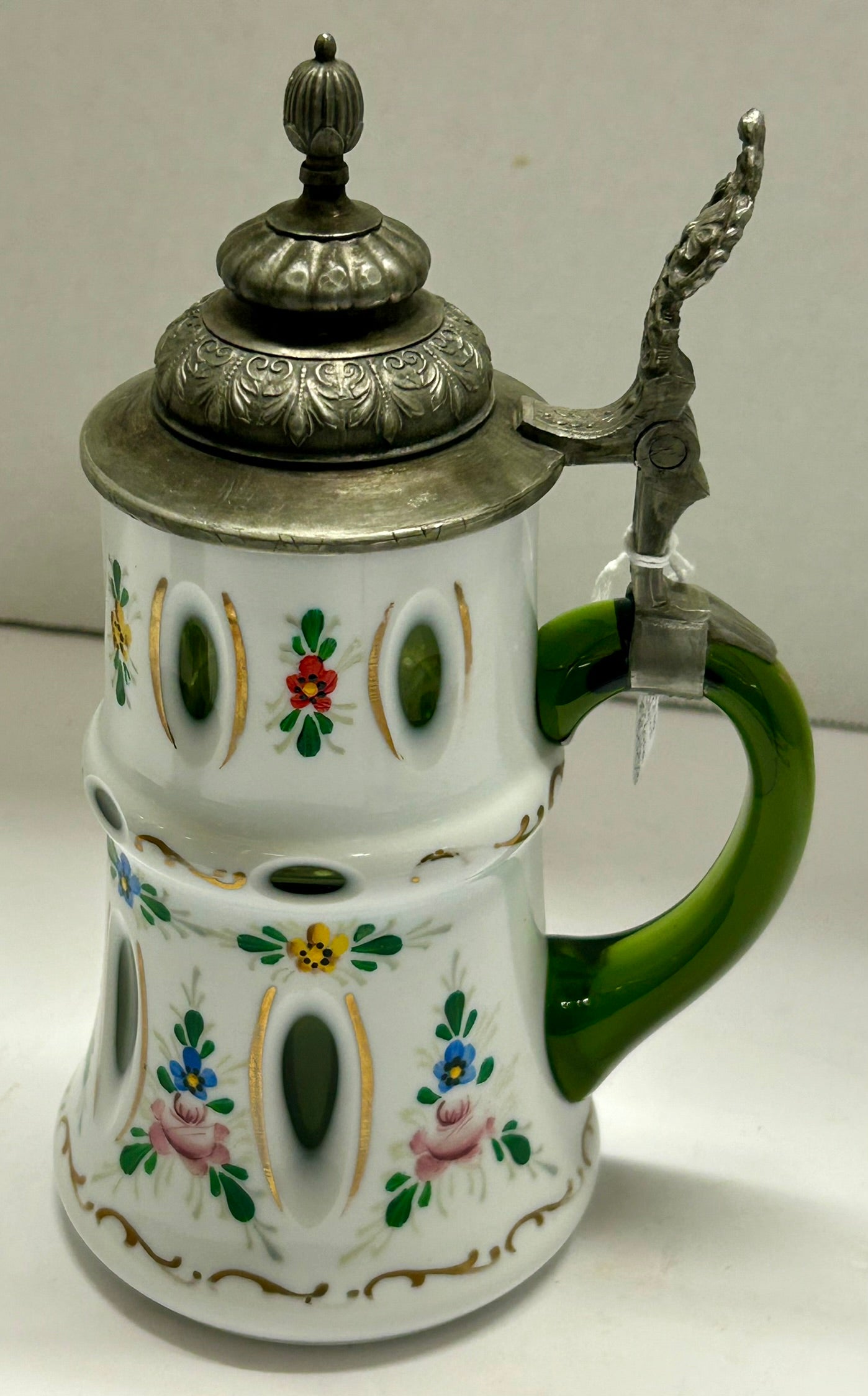 ANTIQUE STEIN WHITE GLASS CUT TO GREEN WITH PAINTED FLORALS