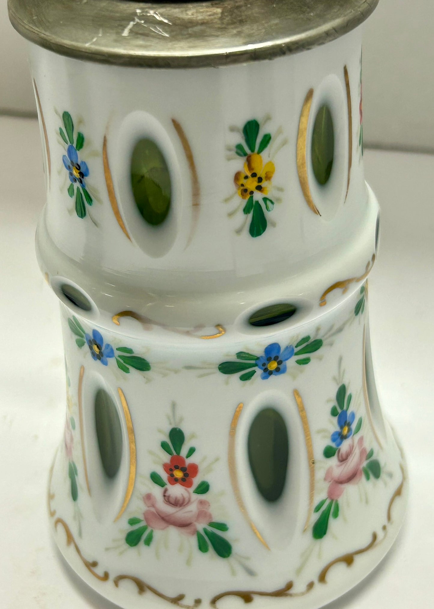 ANTIQUE STEIN WHITE GLASS CUT TO GREEN WITH PAINTED FLORALS