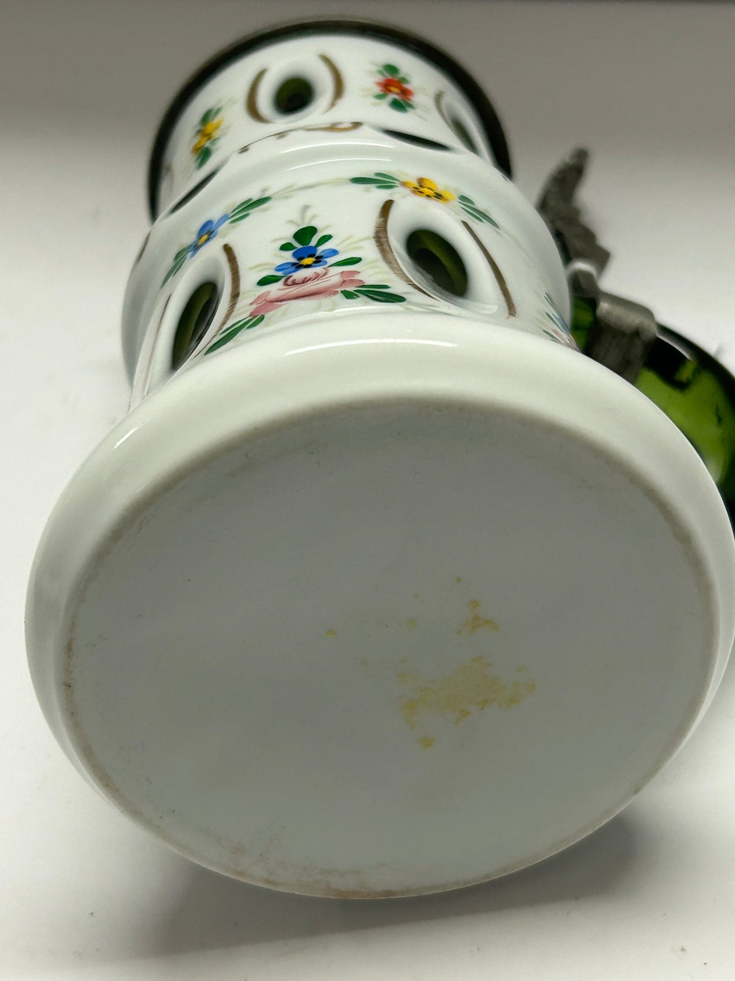 ANTIQUE STEIN WHITE GLASS CUT TO GREEN WITH PAINTED FLORALS