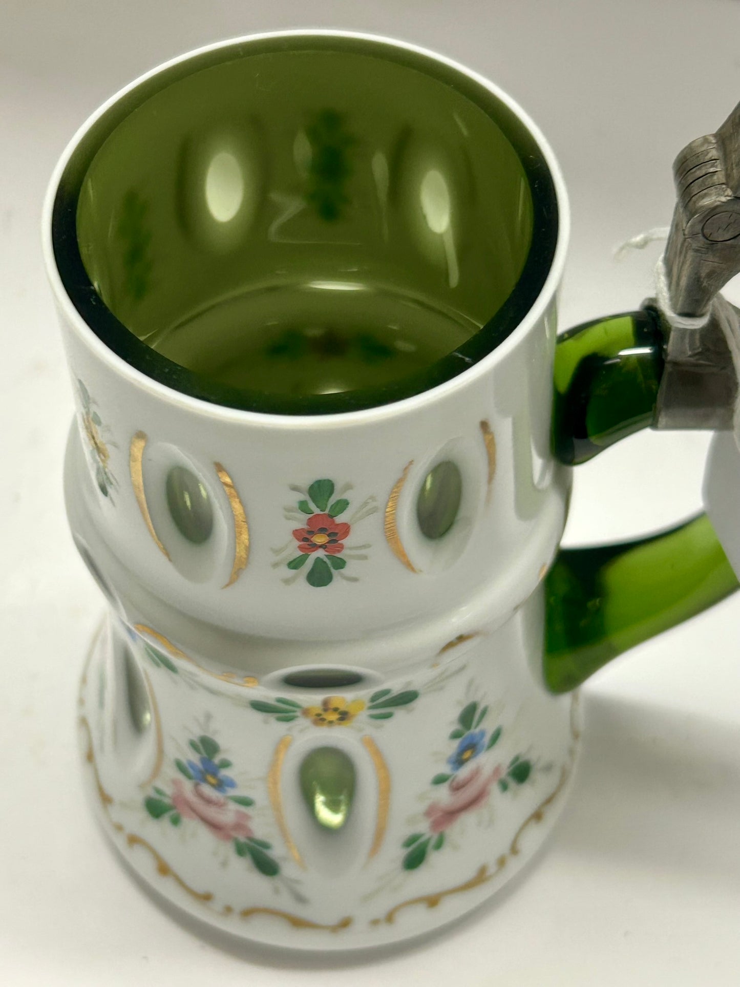 ANTIQUE STEIN WHITE GLASS CUT TO GREEN WITH PAINTED FLORALS