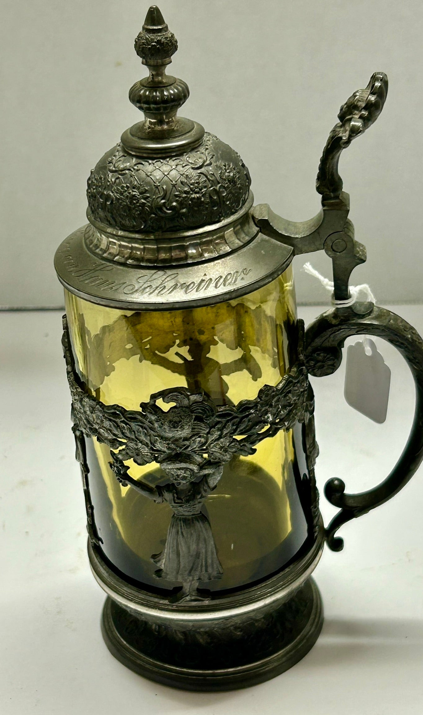 GREEN GLASS 1800'S STEIN IN PEWTER MOUNT