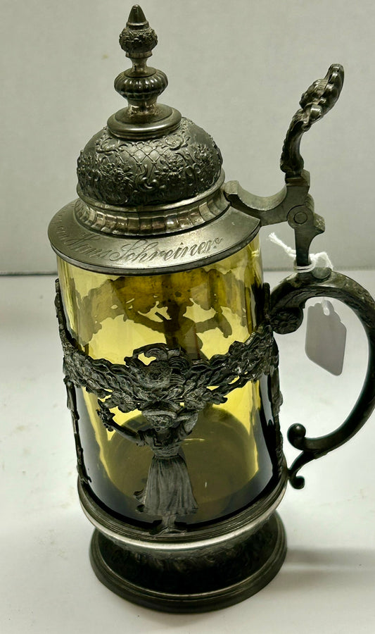GREEN GLASS 1800'S STEIN IN PEWTER MOUNT