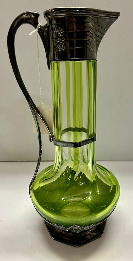 ANTIQUE AUSTRIAN GREEN GLASS EWER CUT TO CLEAR GLASS