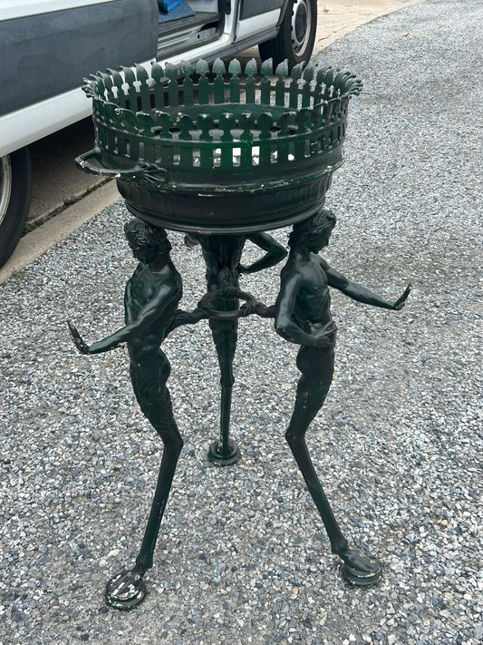 ANTIQUE BRONZE BRAZIER, TORCHERE WITH PAN SATYR FIGURAL LEGS