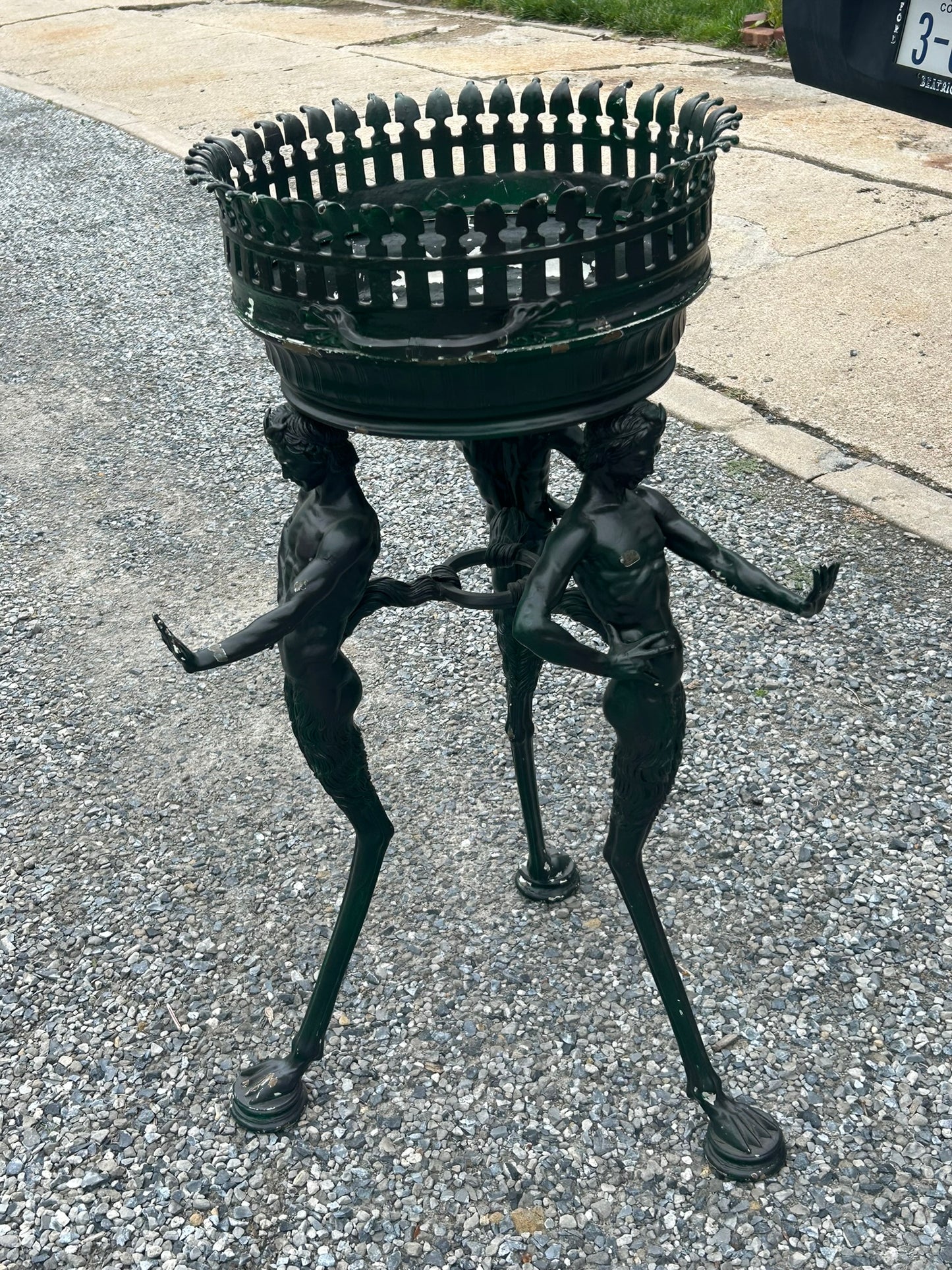 ANTIQUE BRONZE BRAZIER, TORCHERE WITH PAN SATYR FIGURAL LEGS