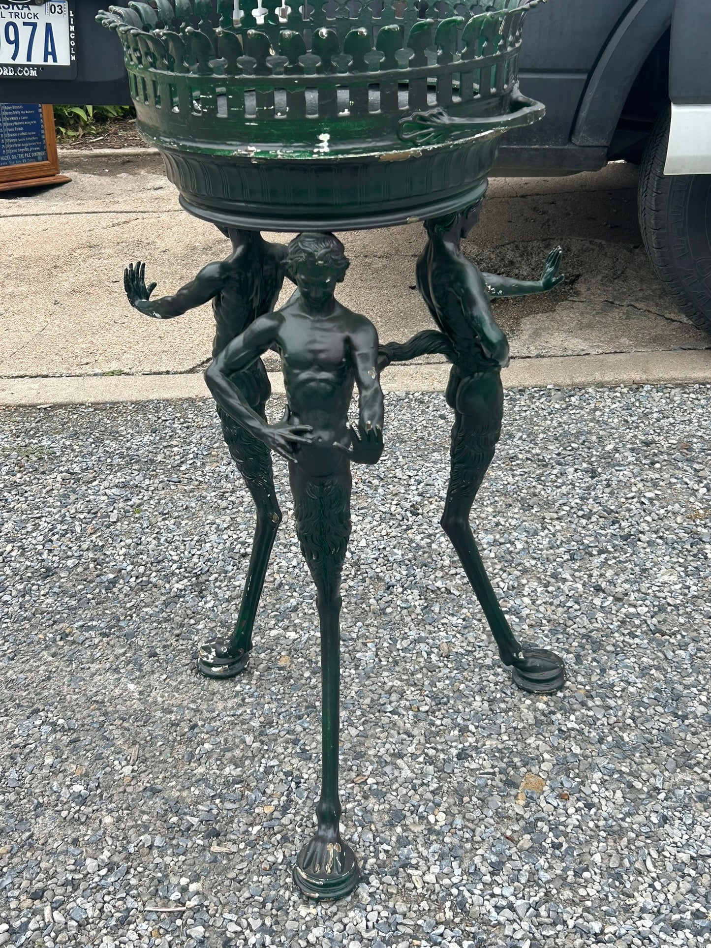 ANTIQUE BRONZE BRAZIER, TORCHERE WITH PAN SATYR FIGURAL LEGS