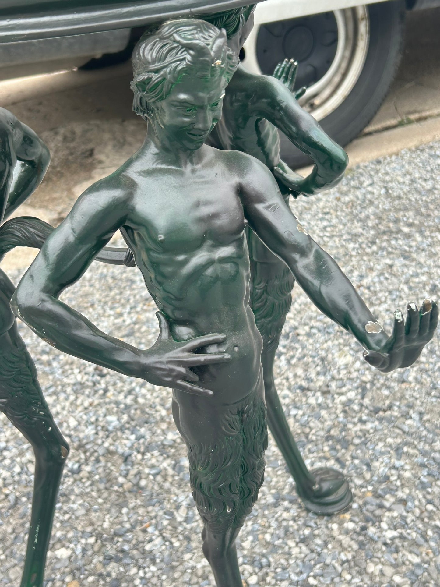 ANTIQUE BRONZE BRAZIER, TORCHERE WITH PAN SATYR FIGURAL LEGS
