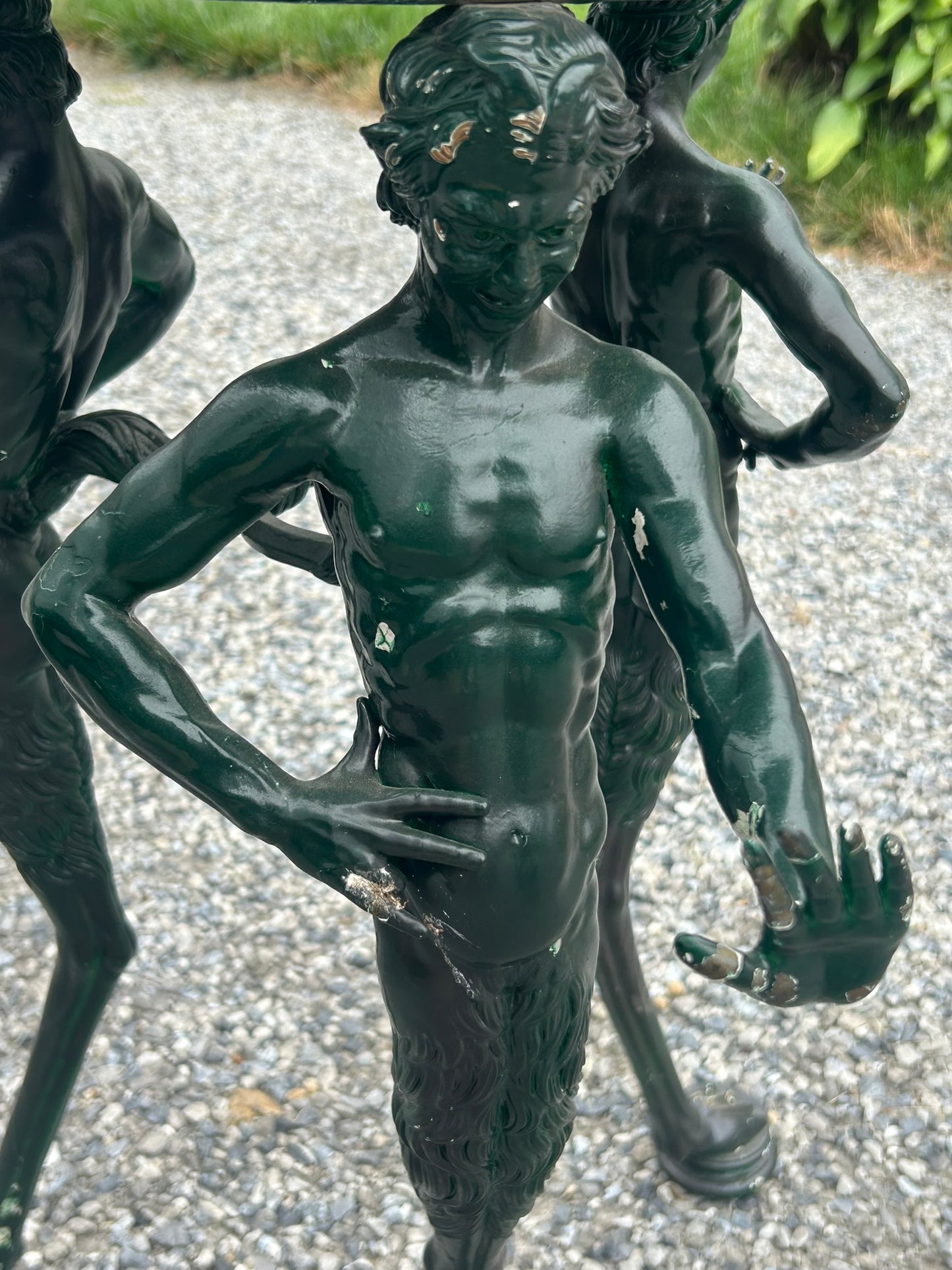 ANTIQUE BRONZE BRAZIER, TORCHERE WITH PAN SATYR FIGURAL LEGS