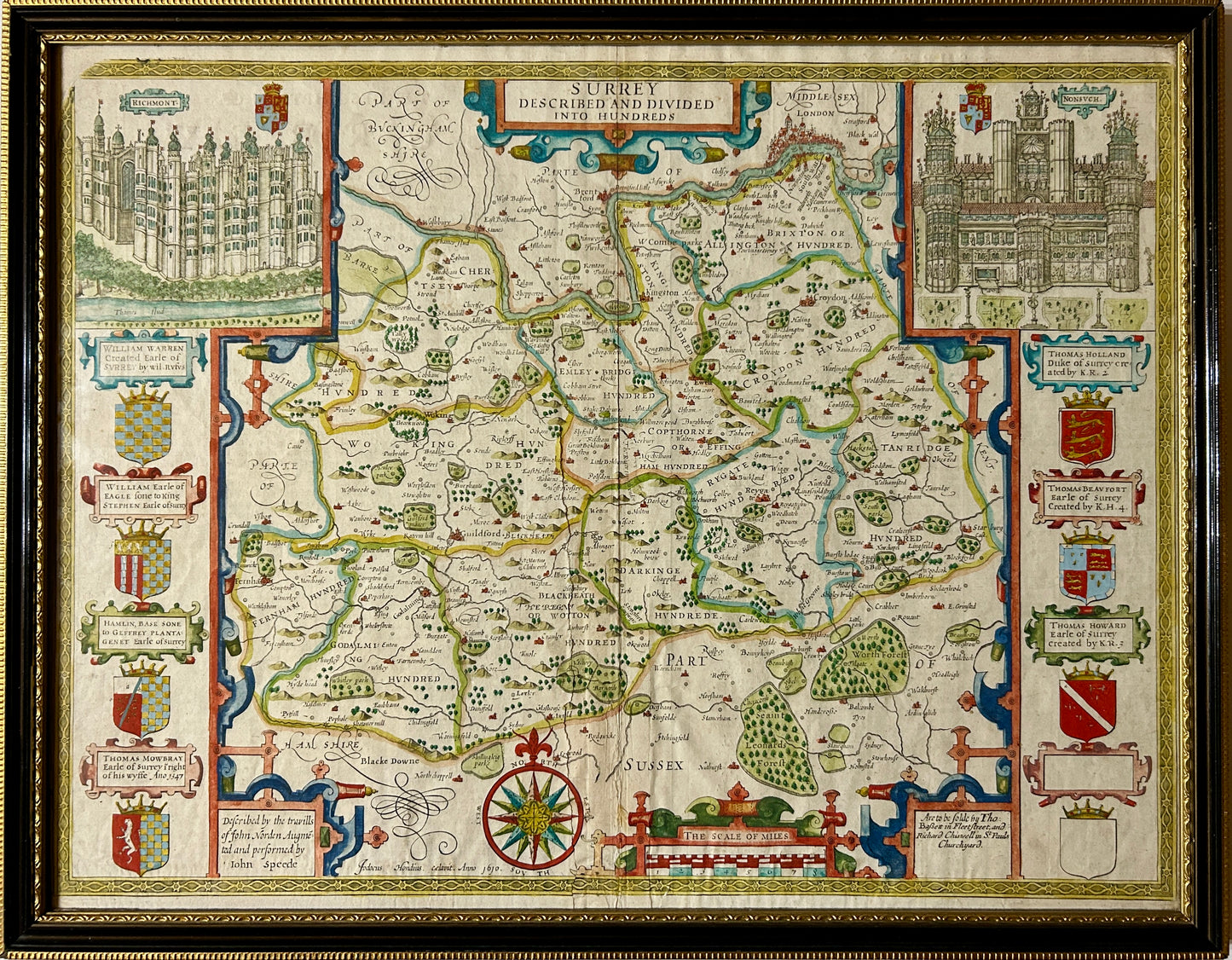 SURREY DESCRIBED 1610 MAP BY JOHN SPEED WITH DOUBLE SIDES