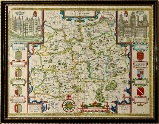 SURREY DESCRIBED 1610 MAP BY JOHN SPEED WITH DOUBLE SIDES