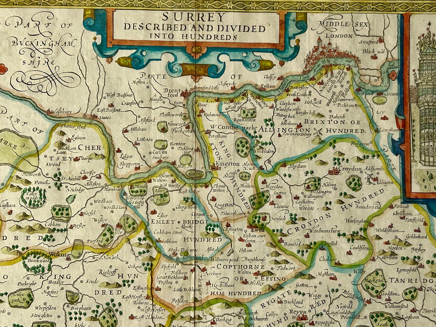 SURREY DESCRIBED 1610 MAP BY JOHN SPEED WITH DOUBLE SIDES