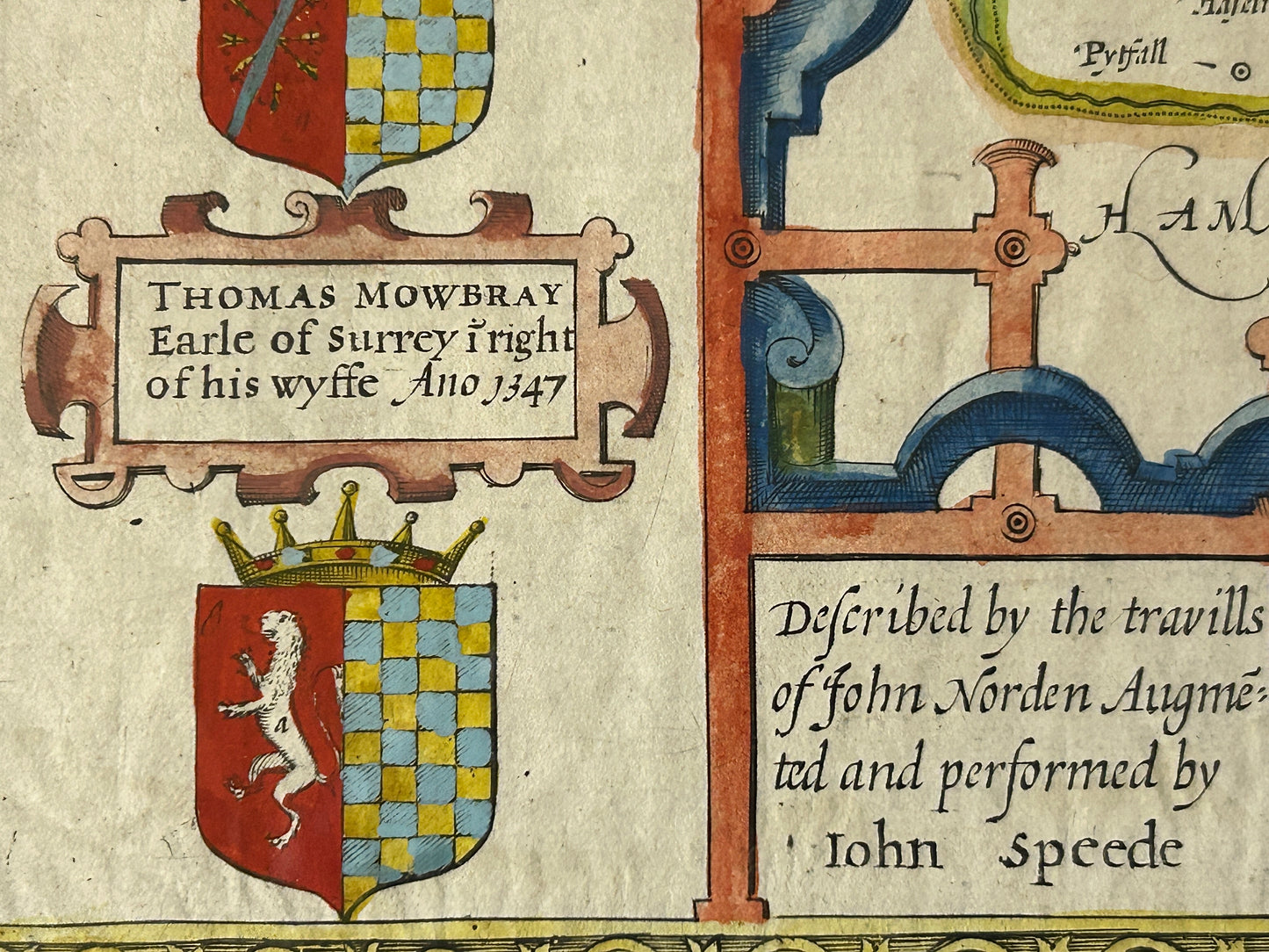 SURREY DESCRIBED 1610 MAP BY JOHN SPEED WITH DOUBLE SIDES