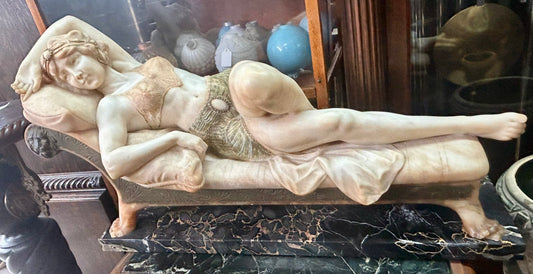 ANTIQUE MARBLE AND ALABASTER EGYPTIAN REVIVAL STYLE WOMAN LAYING DOWN STATUE