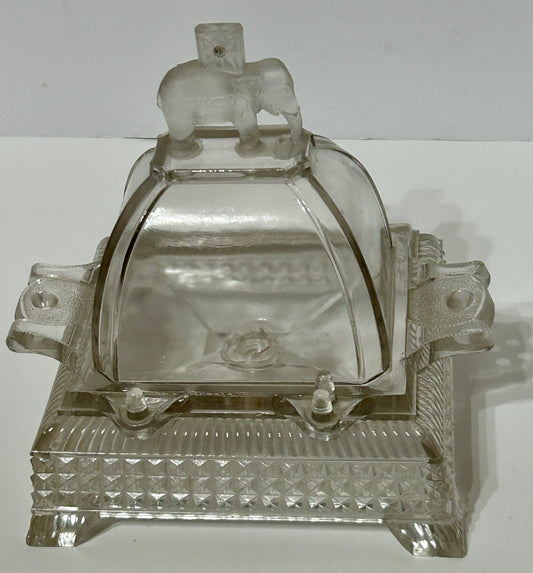 JUMBO ELEPHANT PATTERN GLASS COVERED BUTTER DISH 1883
