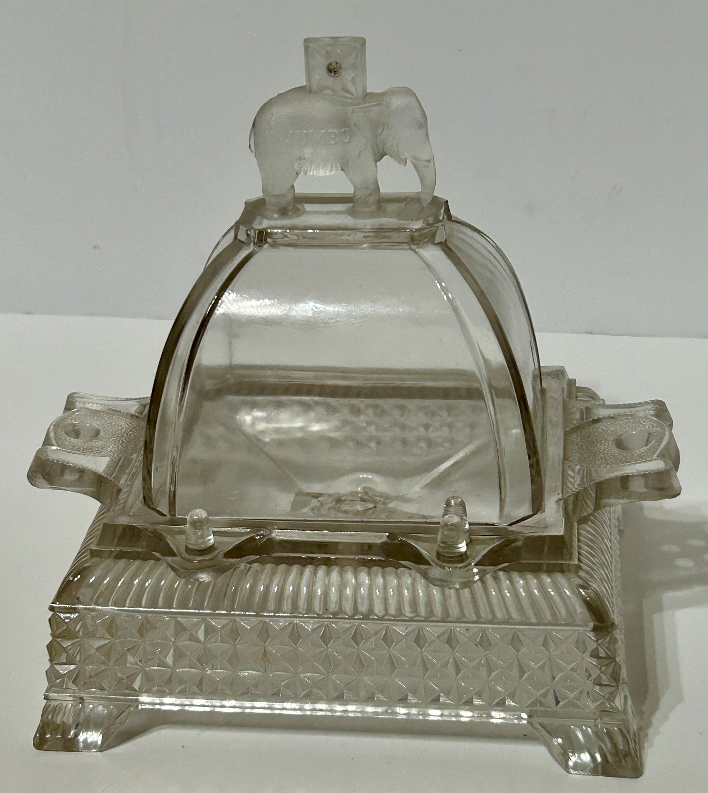 JUMBO ELEPHANT PATTERN GLASS COVERED BUTTER DISH 1883